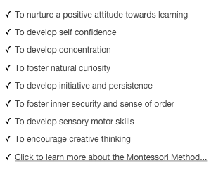 To nurture a positive attitude towards learning
To develop self confidence
To develop concentration
To foster natural curiosity
To develop initiative and persistence
To foster inner security and sense of order
To develop sensory motor skills
To encourage creative thinking
Click to learn more about the Montessori Method...