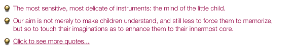 The most sensitive, most delicate of instruments: the mind of the little child.  
Our aim is not merely to make children understand, and still less to force them to memorize, but so to touch their imaginations as to enhance them to their innermost core.
Click to see more quotes...